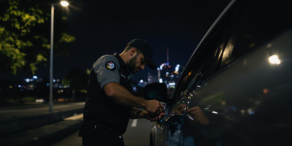 Chaveiro trabalhando em um carro à noite.