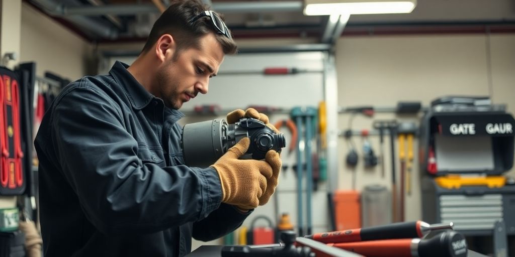 Técnico qualificado realizando manutenção em motor de portão.