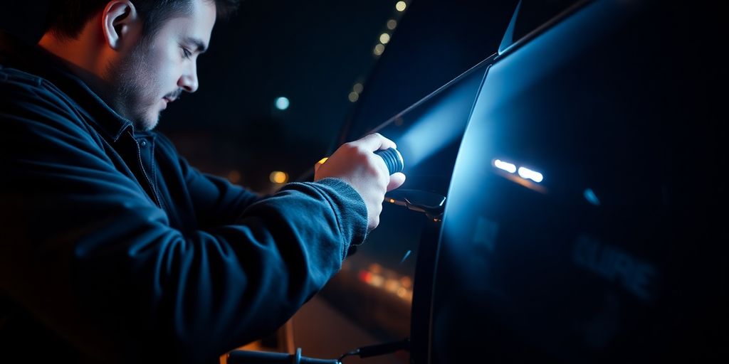 Chaveiro trabalhando em um carro à noite.